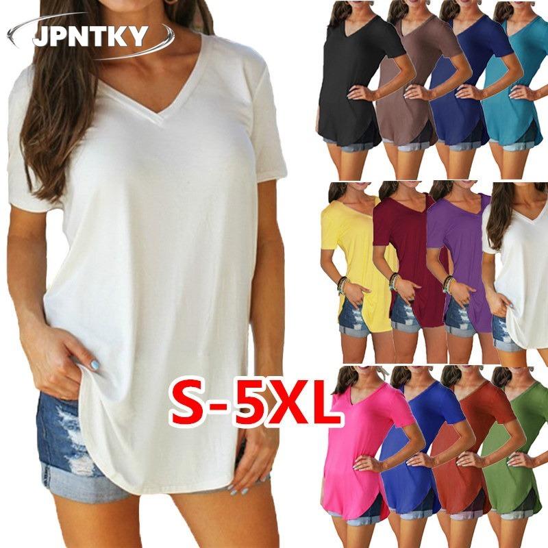 JPNTKYWomen's Fashion Casual Solid Color Print Short Sleeve V Neck Blouses & Shirts
