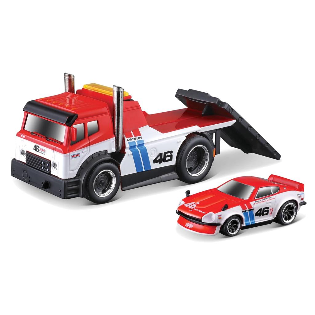 Maisto 1/64 Scale Muscle Machines Muscle Transporter Diecast Model Car (JDM Flatbed/1972 Datsun 240z BRE - Red/White 11553)