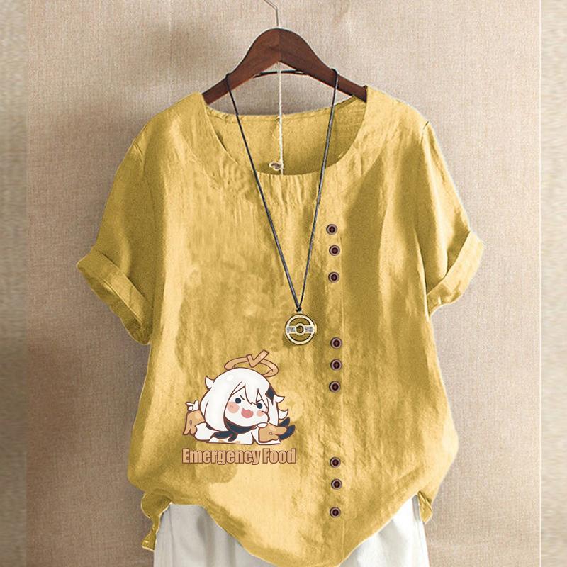 Damenmode Rundhals Kurzarm T-Shirt Lässiges Baumwollleinen Grafikhemd Freizeit Lose Cartoon Mädchen Gedruckt Sommer Bluse Tops Übergröße