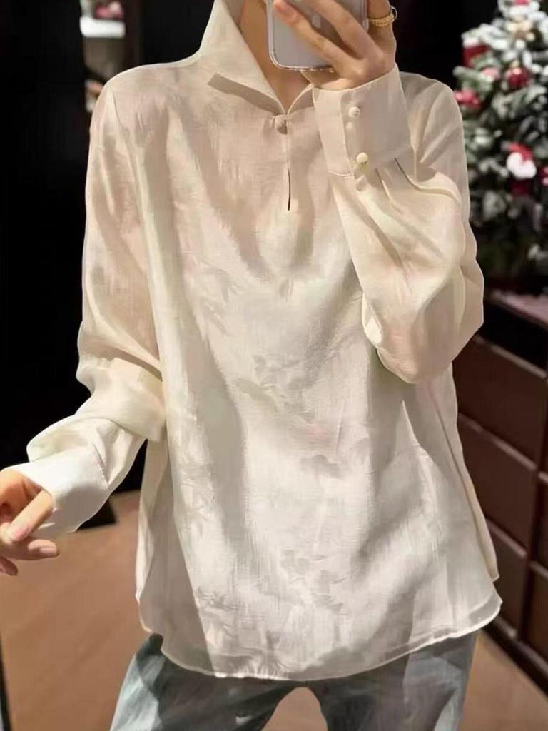 Rongtai Women's Elegant Spring 2026 Jacquard Dark Pattern Loose Shirt with Half-Open Collar