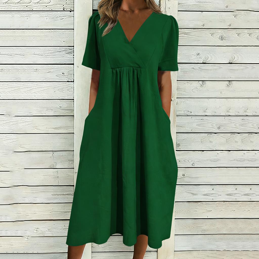 Women's Fashionable Loose-Fit V-Neck Short-Sleeve Casual Cotton-Linen Blend Dress