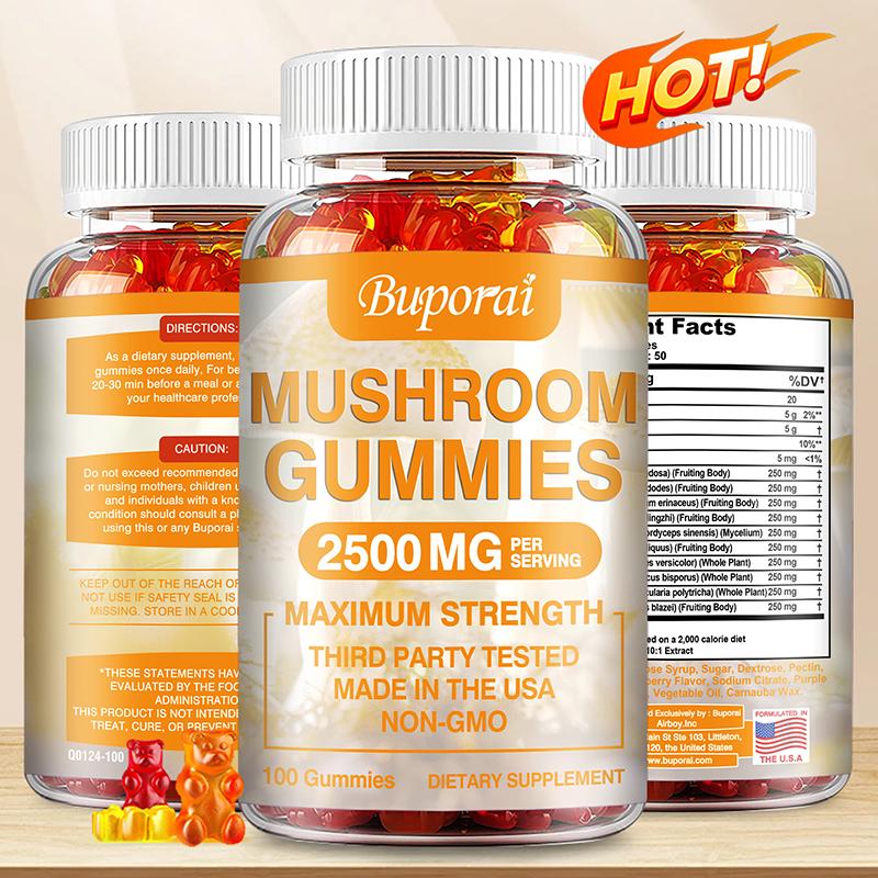 Mushroom Gummies Containing a Mixture of Hericium Erinaceus, Cordyceps Sinensis, and Ganoderma Lucidum To Boost Energy; Vegan.