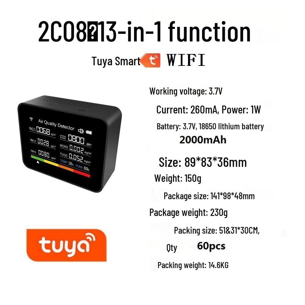 13-in-1 Smart Air Quality Detector with WiFi: CO2, PM2.5, Formaldehyde, TVOC, Temperature, & Humidity Monitoring Via App
