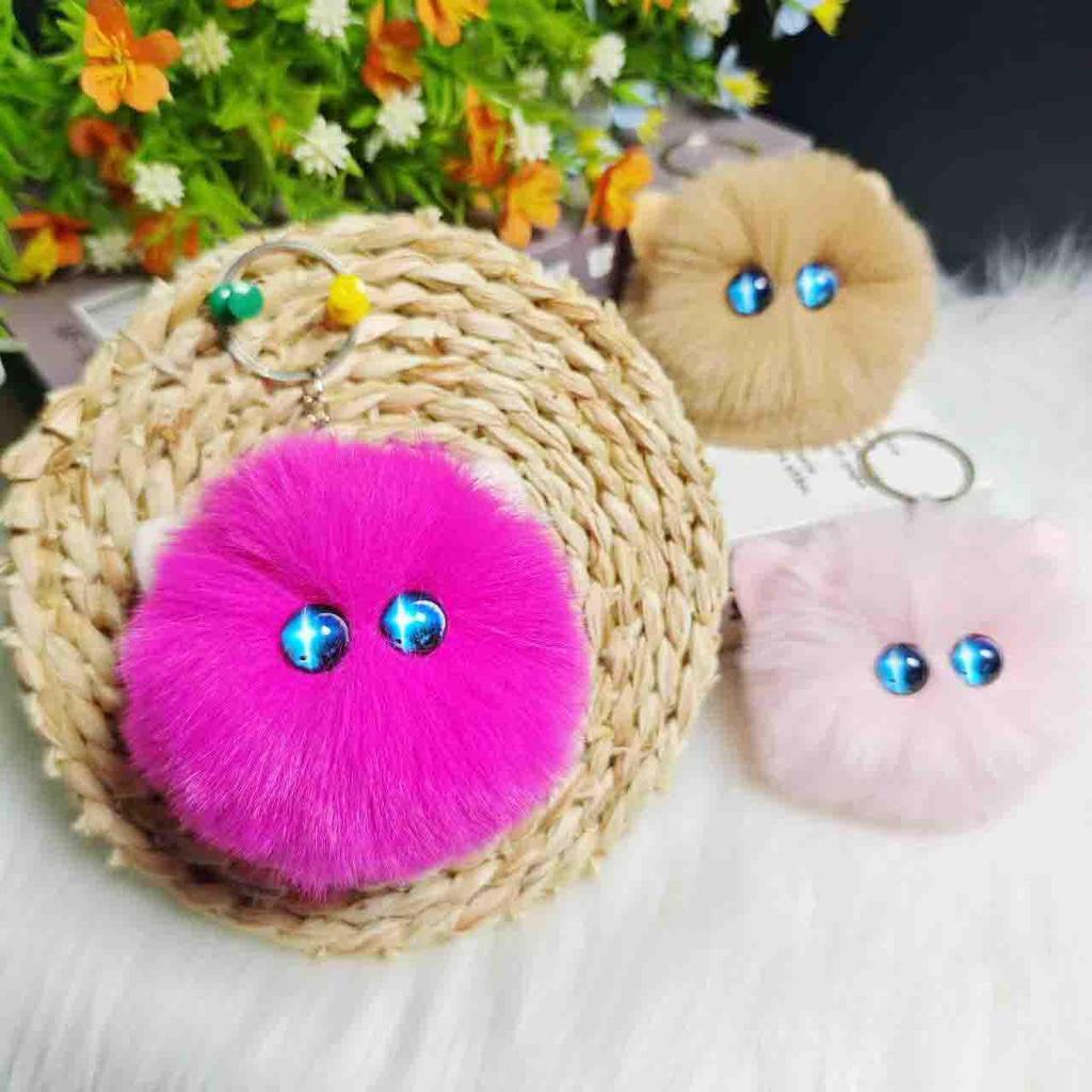 Rex Rabbit Fur Bow Cat Pendant Keychain Kitten Ornament