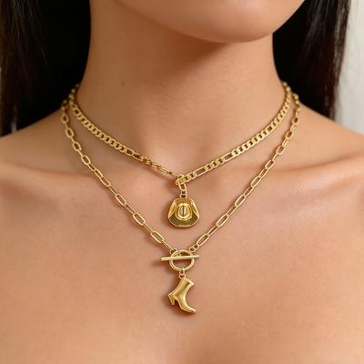 Western Cowboy Style Multi-Layer Necklace for Women, Fashion Personality Pendant with Cowboy Hat & Boots Design