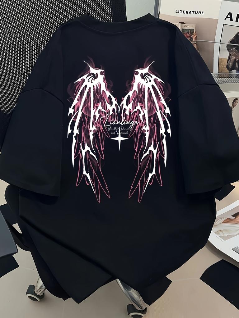 Herren Vintage Engel Flügel Grafik Baumwoll T-Shirt Lockere Passform Kurze Ärmel Rundhalsausschnitt Leicht und Atmungsaktiv