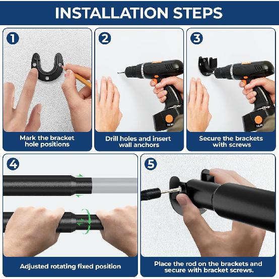 Mavivegue Closet Rod, 17 to 84 Inch Adjustable Closet Rods for Hanging Clothes, Heavy Duty Tension Rod, Black Curtain Rod, for Closet, Wardrobes,