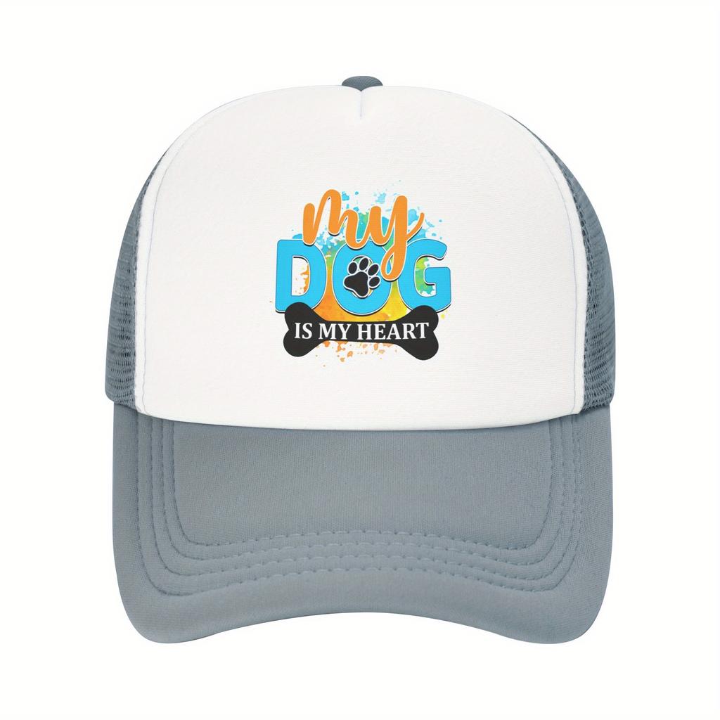 My Dog Is My Heart Paw Print Graphic Trucker Hat Polyester Breathable Casual Baseball Cap for Adults