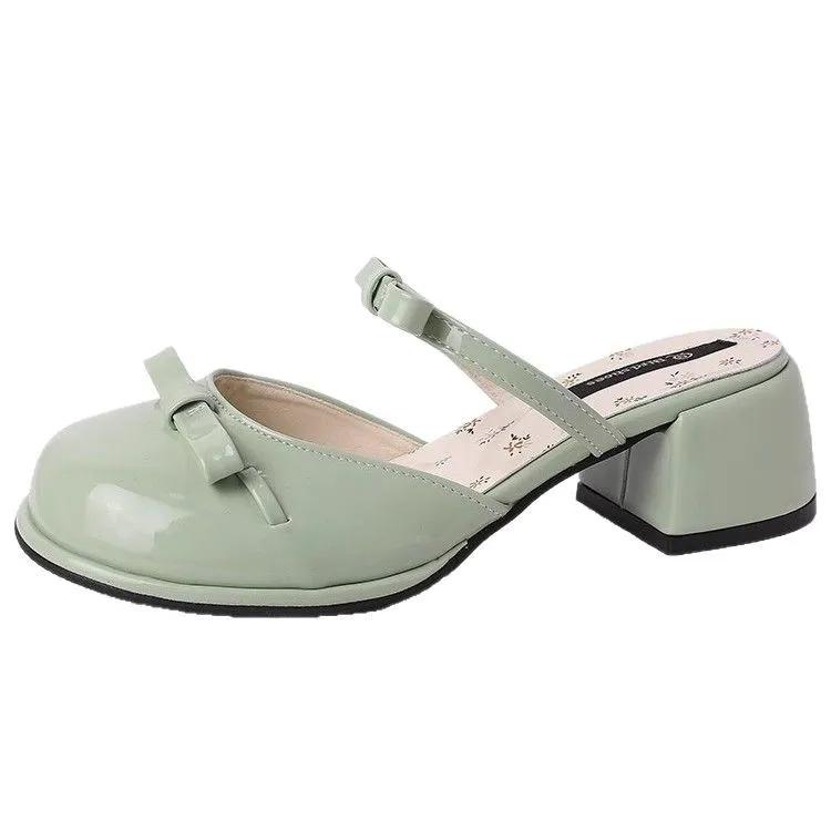 Sommer Schmetterlingsknoten Zehenabdeckung Damen Hausschuhe Elegant Dicker Absatz Kleid Pantoletten Damen Prägnant Tanzparty Ballschuhe