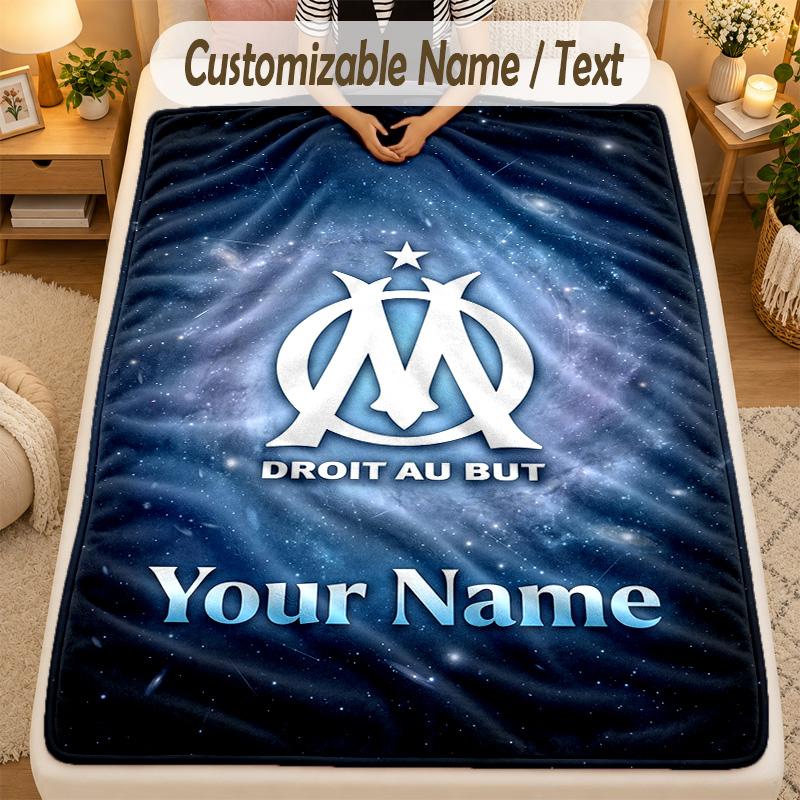 Flannel BlanketOlympique Marseille FC Custom Name Text Personalized Soft Warm Throw Blanket Home Decor Gift