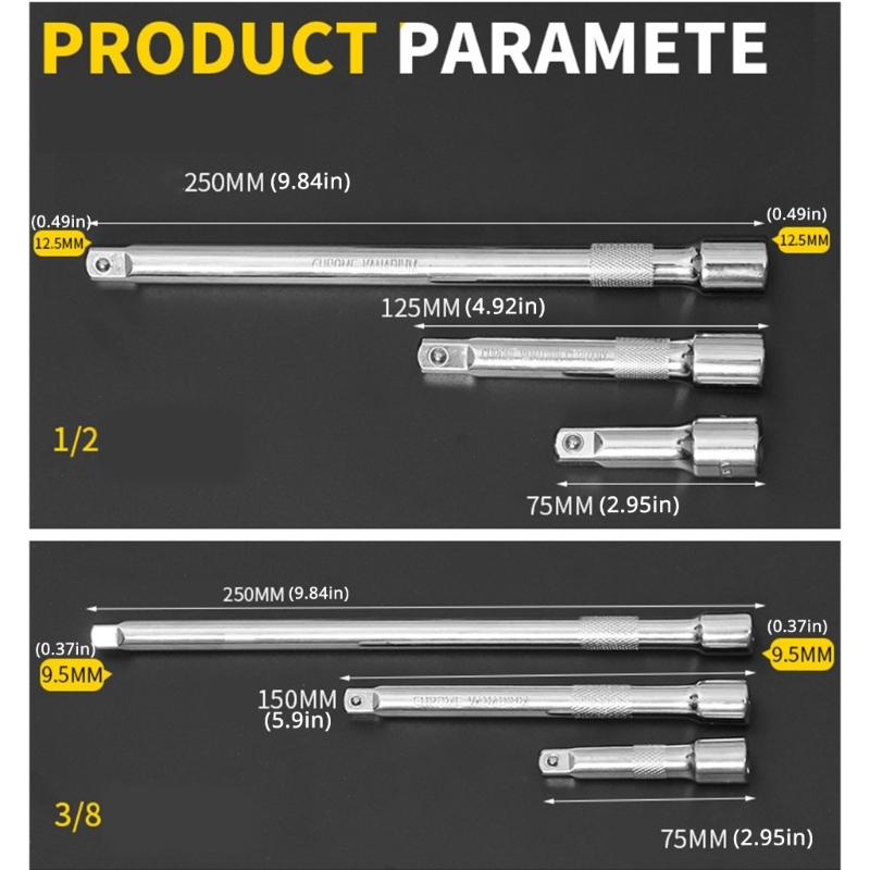 3Pcs 3/8" or 1/2" Drive Professional Socket Wrench Extension Bar 3 Lengths for Improved Leverages in Repairs Maintenance