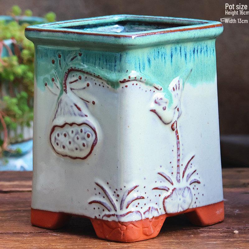Yixing Handmade Coarse Pottery Large Square Succulent Flower Pot Large-Ceramic