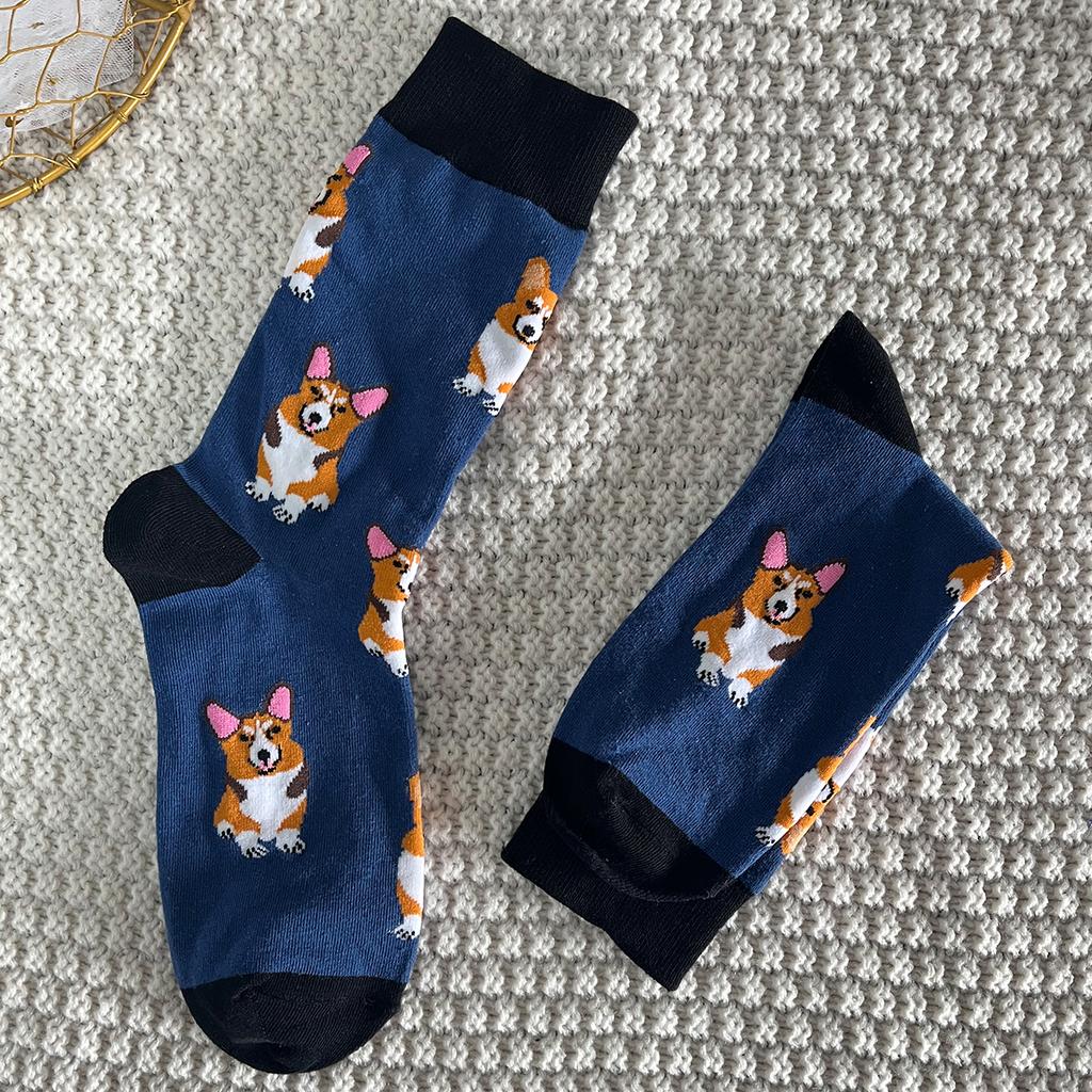 1 Pair Unisex Lovely Corgi Pattern Novelty Funny Comfy Mid Tube Socks Suit In All Seasons For Daily Street