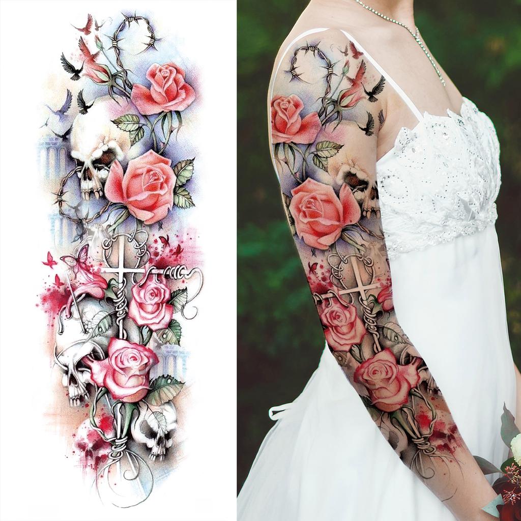 1 Sheet Long Sleeve Temporary Tattoos For Men Women Flower Skull Lion Wolf Tiger Nun Fox Compass Tattoo Sticker Body Art Arm Leg