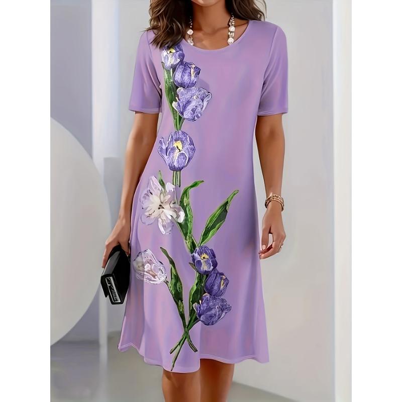 Plus Size, Plus Size Floral Digital Print Vacation Women's Round Neck Dress