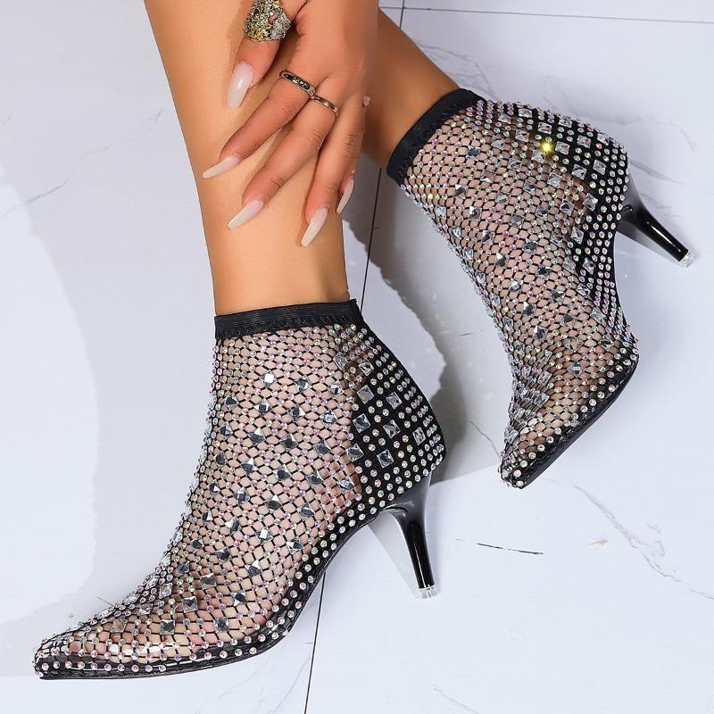 New Rhinestone Mesh Sexy High Heeled Sandals for Women 2025 Summer Openwork Fashion Big Size Pointed Toe Sandals
