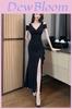 Knit Fabric Long Dress With Vneck And Pleated Detail For Office And Evening Wear