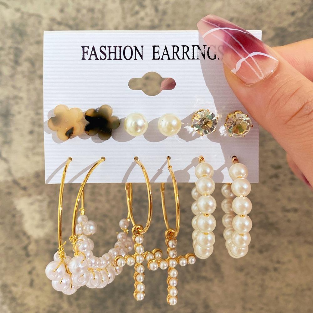 6 Pair Gold Vintage Geometry Pearl Earrings Set Metal Twine Square Dangle Earrings