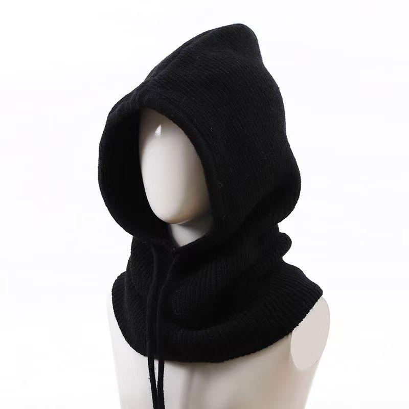 Winter Hooded Neck Collar Knitted Hats Women Men Pullover Balaclava Warm Ring Scarf Beanie Adjustable Drawstring One-Piece Caps