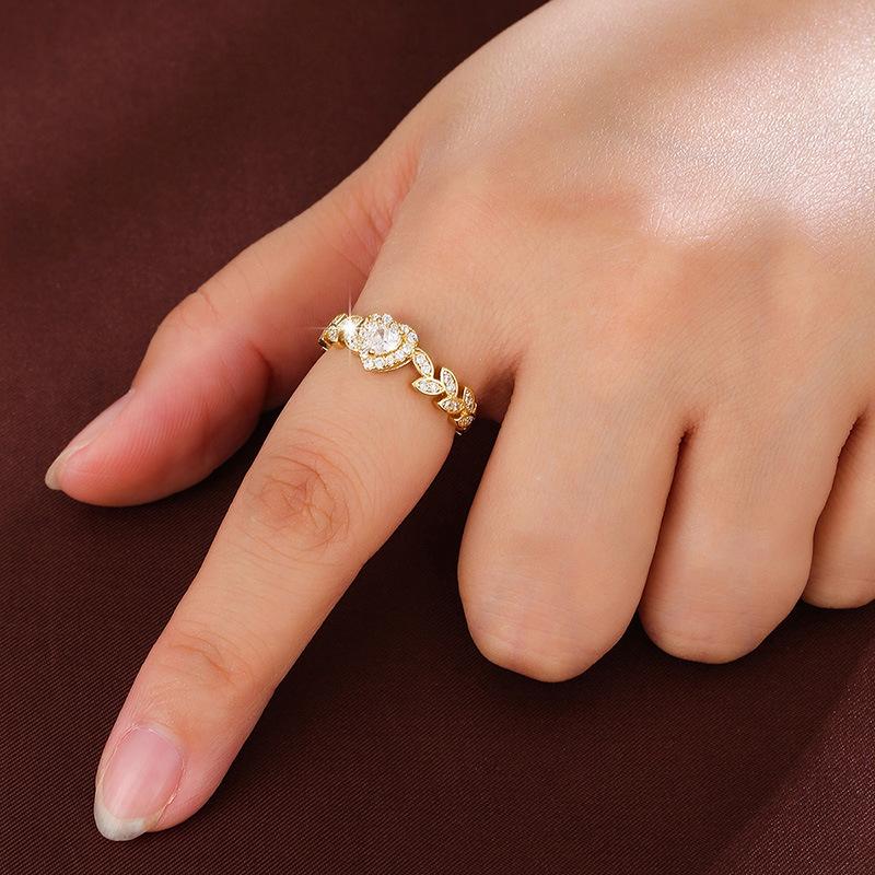 Elegant Princess-Style French Willow Leaf Heart Ring with Zirconia, Pure Copper, Open Index Finger Design.