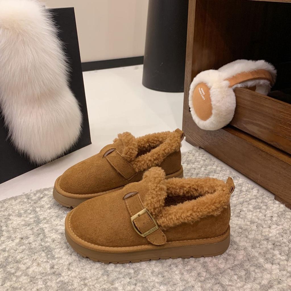 Retro thick-soled heightened one-pedal outer wear single shoes summer new warm plush versatile round head small leather shoes women