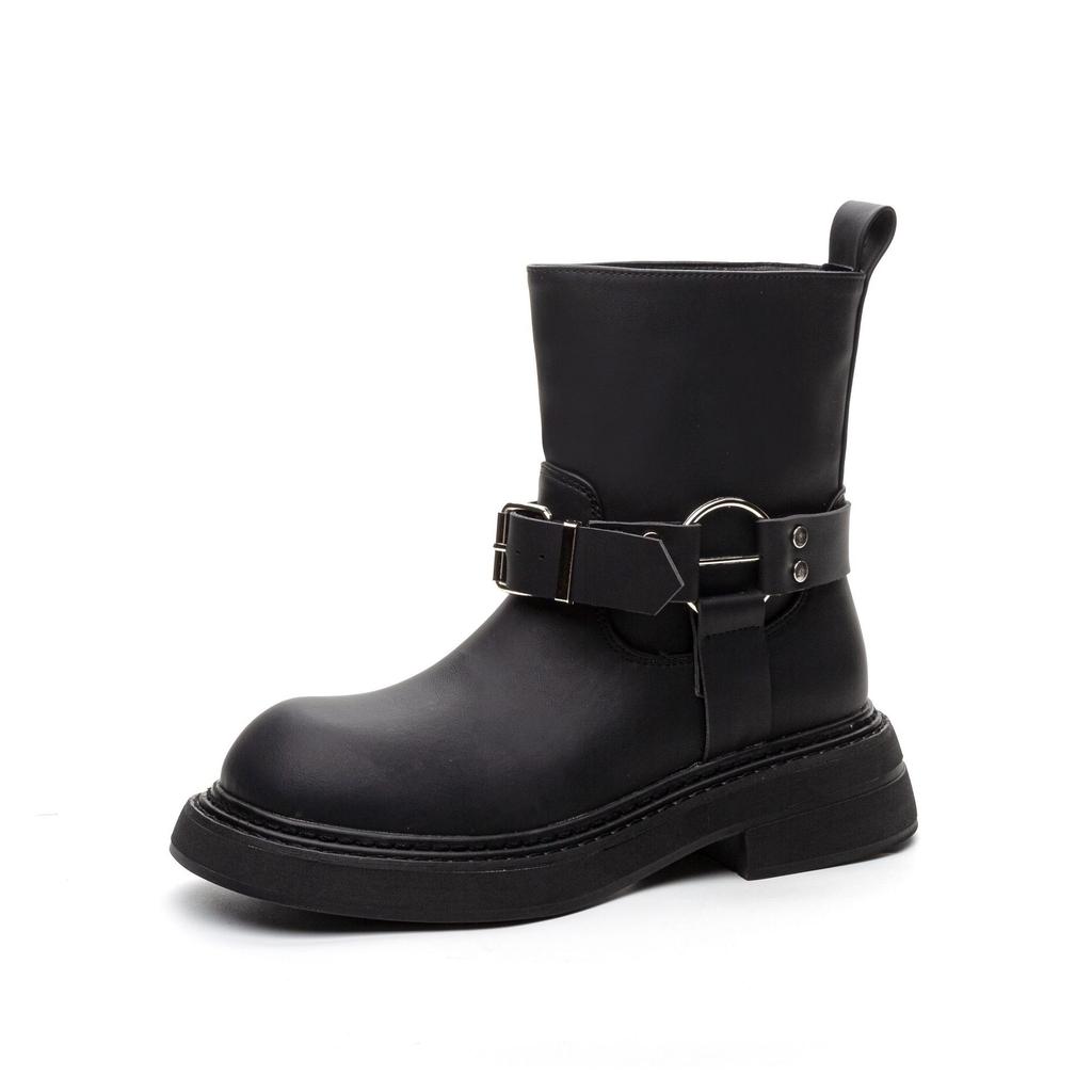 Leather Bv Martin Boots Women's British Style Belt Buckle 24 Autumn and Winter New Short Boots Thick-soled Heightening Retro Locomotive Boots