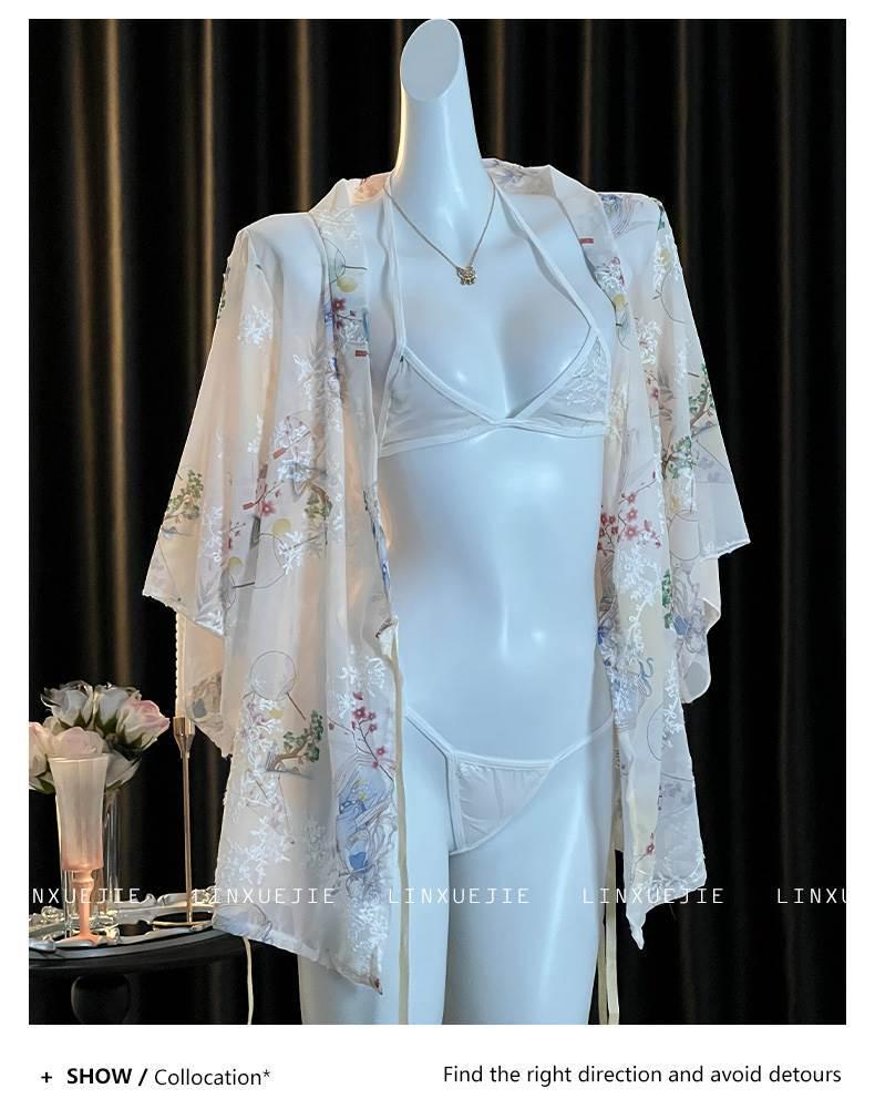Elegant Japanese Chiffon Kimono Nightgown with Bow Embroidery