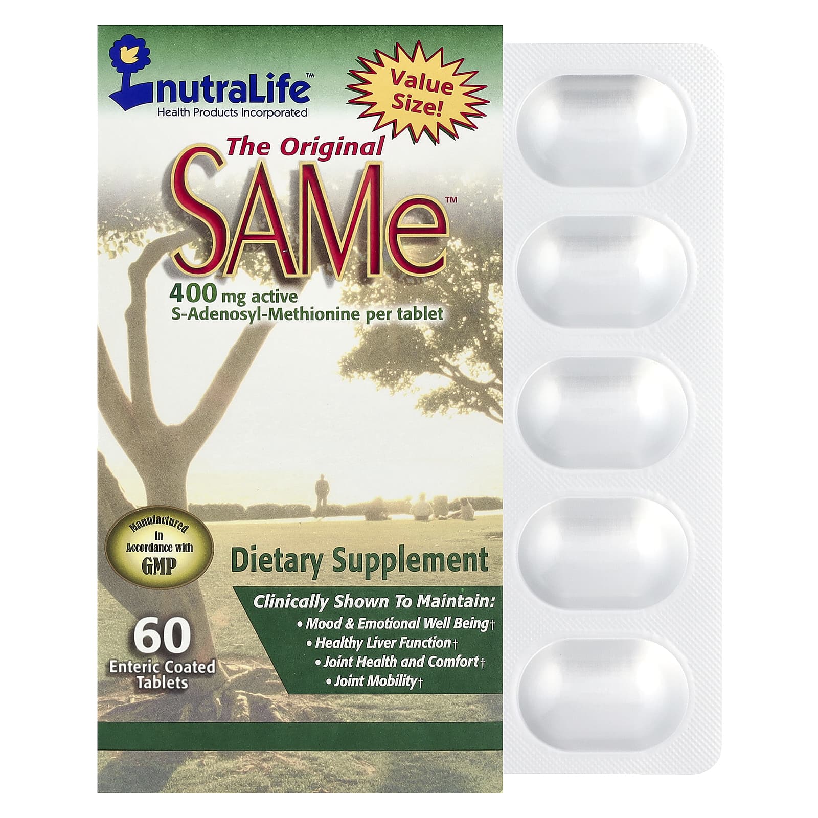 

NutraLife, Original SAMe™, S-аденозил-метіонін, 400 мг, 60 таблеток, вкритих кишковорозчинною оболонкою
