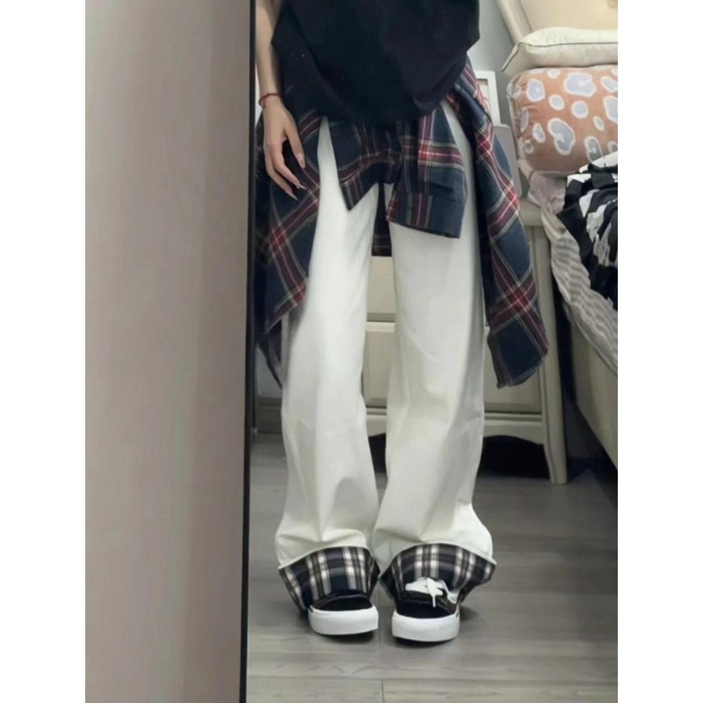 Women's Autumn White Plaid Patchwork Ruffle High-Waist Wide-Leg Jeans
