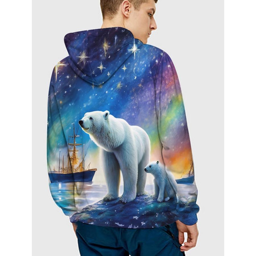 Herbst Winter North Eisbär Pullover Langärmel 3D-Druck Herren Hoodie Schwarzes Katzenmuster Trendige Sportbekleidung Sweatshirt