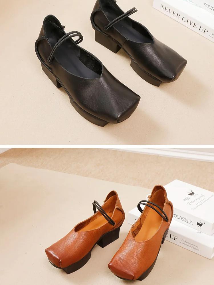 Johnature Vintage ekte kuskinn firkantet tå damesko Allsidig ekte skinn pumper med mellomhæl