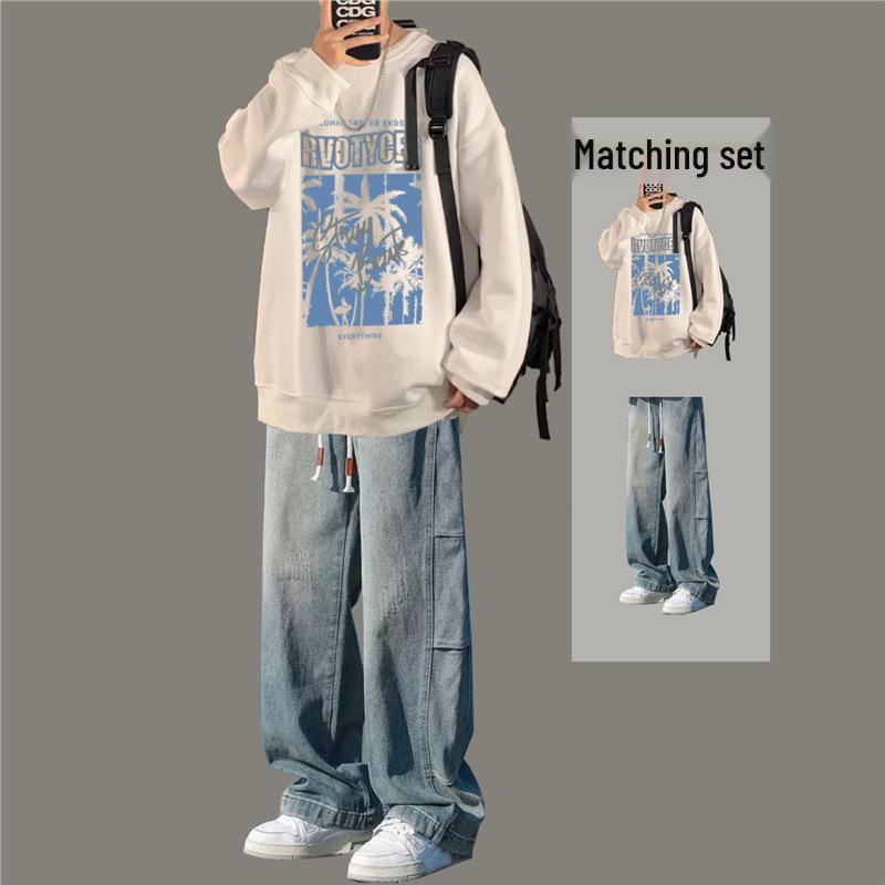 Boys' Trendy Loose Round Neck Sweatshirt & Jeans Set - Cool Casual Two-Piece Outfit for Spring & Autumn