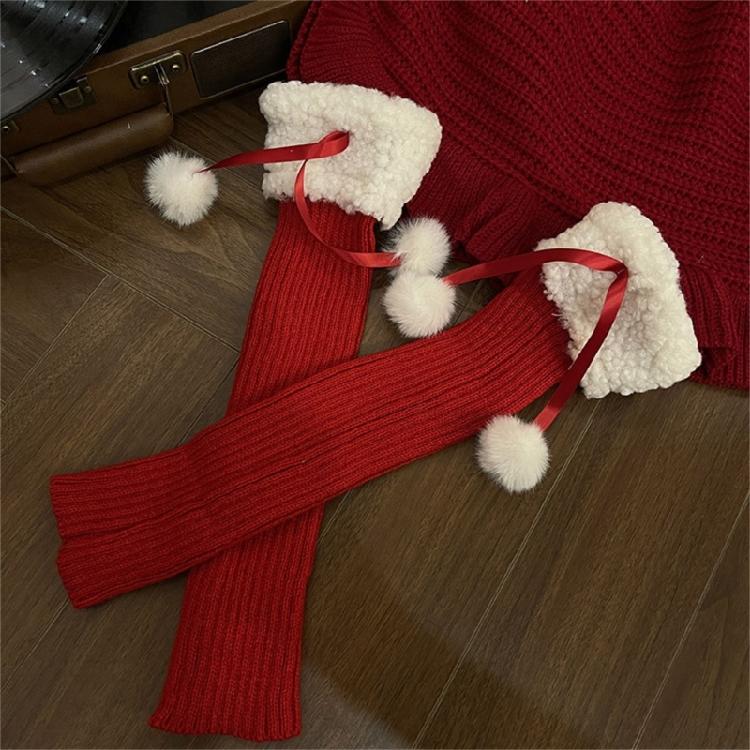 Y2K Women Knit Leg Warmer Christmas Plush Bow Furry Trim Srunch Long Boot Socks