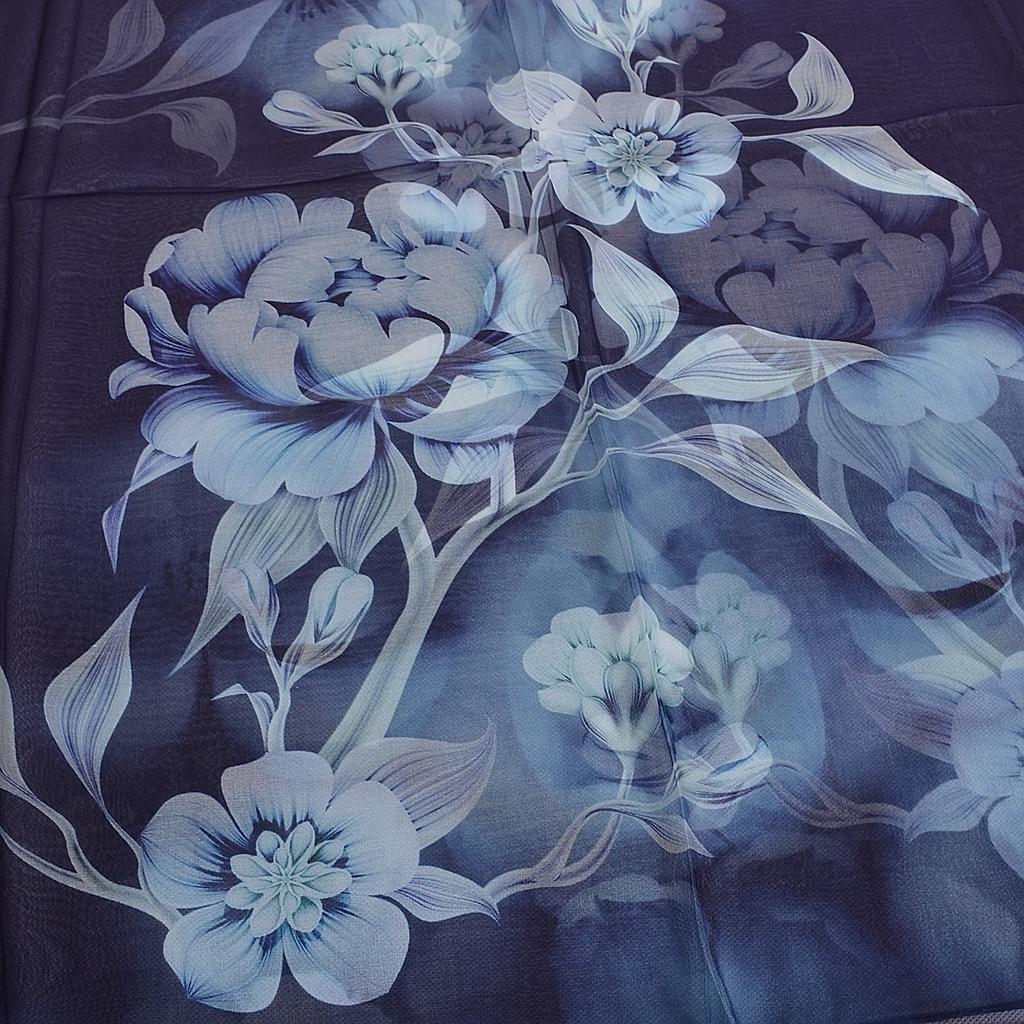 [BYSIFA] Women Navy Blue Pure Silk Scarf Hijab Fashion Peony Design Long 100% Silk Shawl Scarf Fall Winter Silk Scarves Echarpes