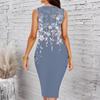 Women Plus Size Sleeveless Round Neck Midi Bodycon Dress Elegant Hanging Floral Print Blue Slim Fit Dress