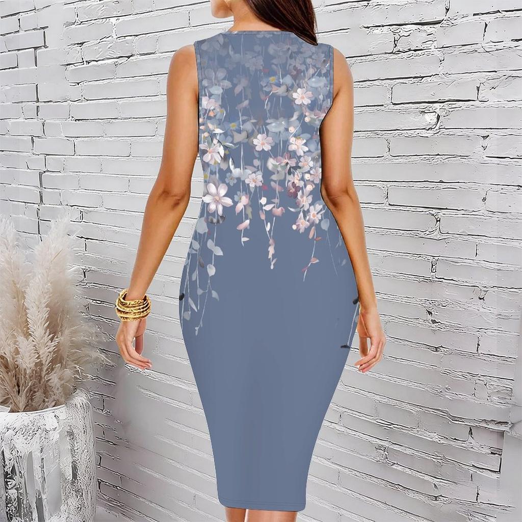 Women Plus Size Sleeveless Round Neck Midi Bodycon Dress Elegant Hanging Floral Print Blue Slim Fit Dress