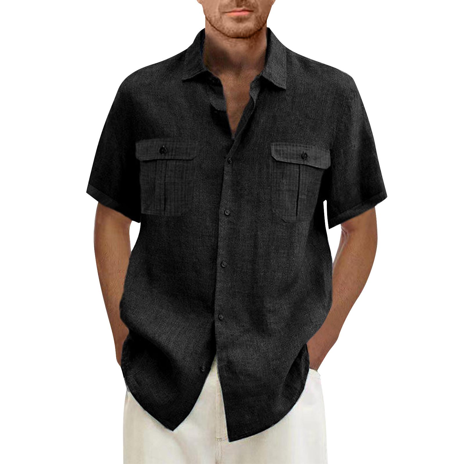 

Дизайнерские весенне-летние мужские повседневные хлопковые льняные рубашки с коротким рукавом, свободные рубашки XXXL чёрный