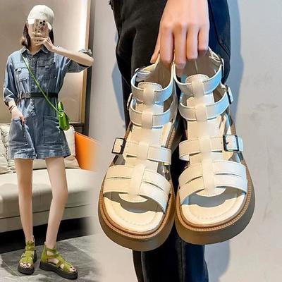 Chaussures romaines antidérapantes à semelle épaisse et boucle de ceinture tissée rétro pour printemps et été