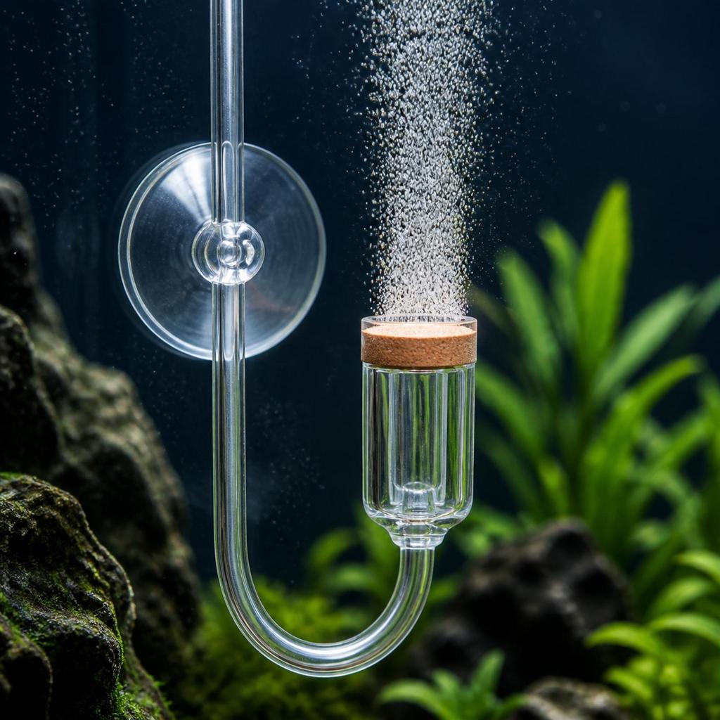 Diffusore di CO2 con Ventosa Finitura in Metallo Lucidato, Basso Profilo, per Acquari Piantumati