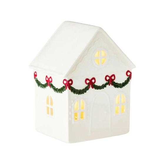 Christmas Mini Village House Figurine LED Lighted Winter Resin Town Cottage Tiny Desktop White House Ornament for Home Shelf Cabinet Table Decor
