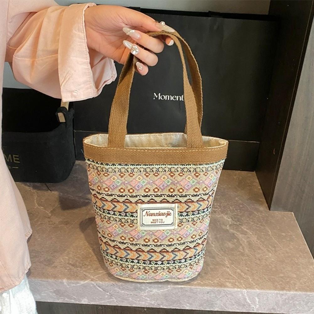 New Hand-Carrying National Style Tote Bag Flower Printed Linen Bohemian Handbag Lightweight Underarm Bag Women