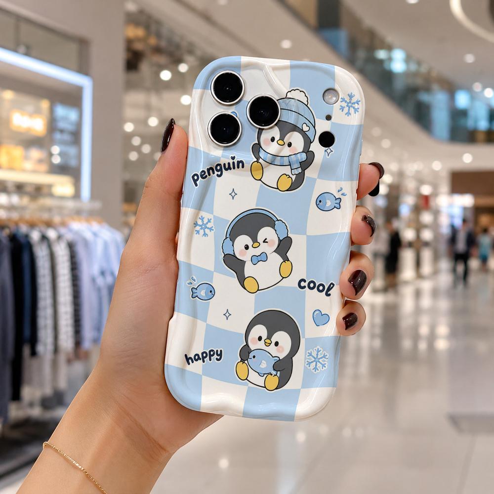 Cartoon Penguin Checkerboard Phone Case for iPhone 16 15 14 Pro Max 13 12 11 Mini XR XS SE Wavy Edge Soft Cover