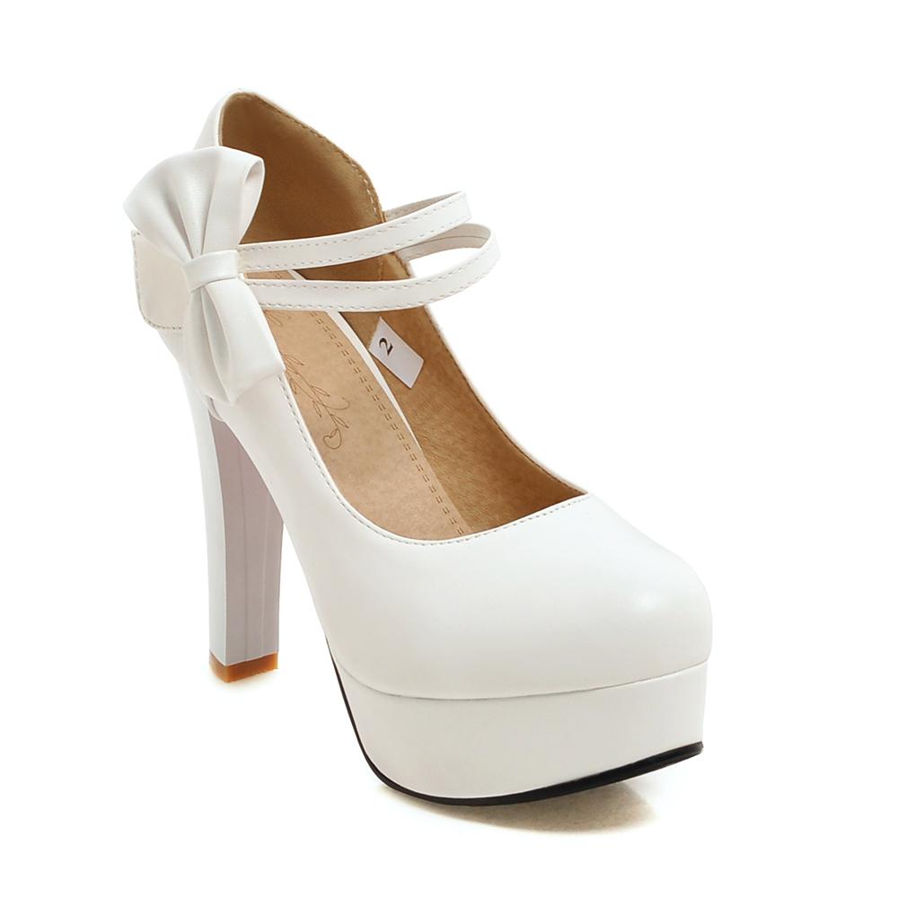 Fashion Spring High Heels Women Platform Pumps Ankle Strap Shallow Mouth Single Shoes Bow Ladies High Heels White Wedding Women Shoes