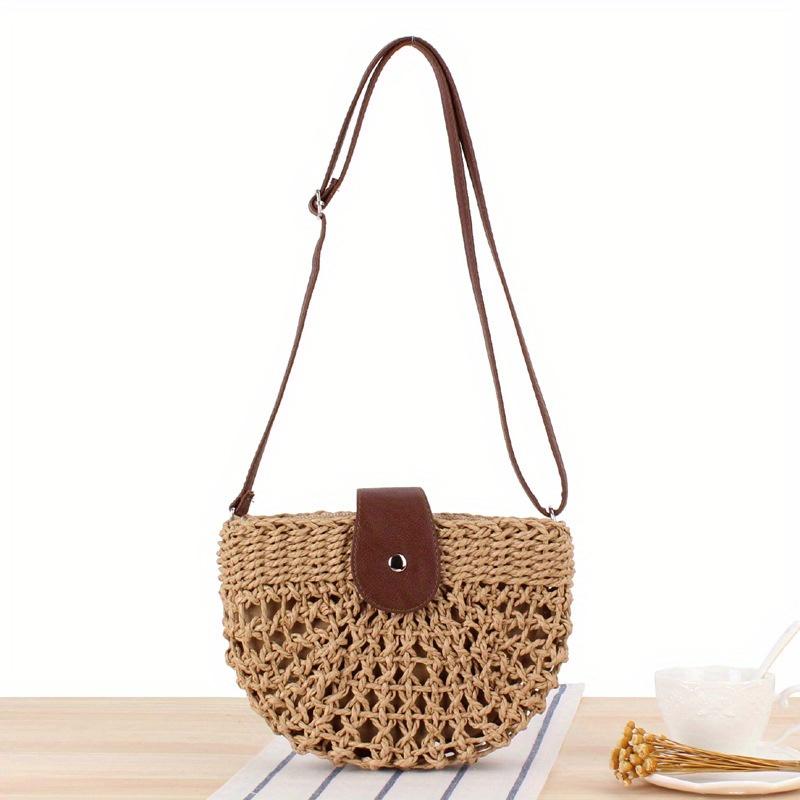 Casual Single Shoulder Handwoven Bag Hollow Half-Moon Crossbody Straw Bag Women's Beach Bag