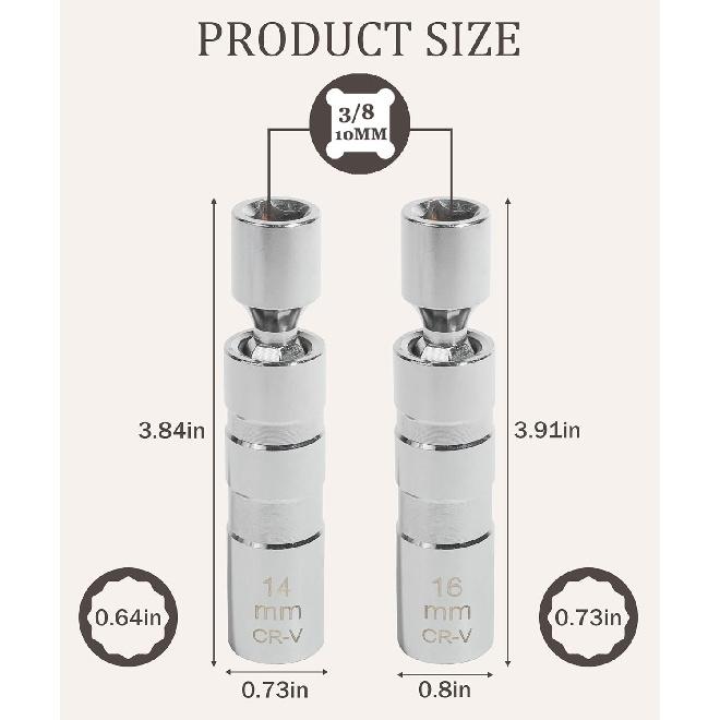 RACOONA Spark Plug Socket Set,14Mm&16Mm Thin Walled Spark Plug Socket,Car Accessories Universal Joint 3/8-Inch Drive 12 Point Magnetic Swivel Socket
