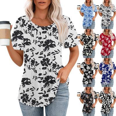 Women's Summer Fashion Casual Pleated Round Neck Print Short Sleeve T-Shirt Top
