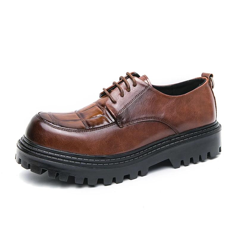 Fashion Spring New Thick Soled Lace Up Oxford Shoes for Men Designer Leather Shoes Waterproof Platform Business Formal Round Toe Shoes