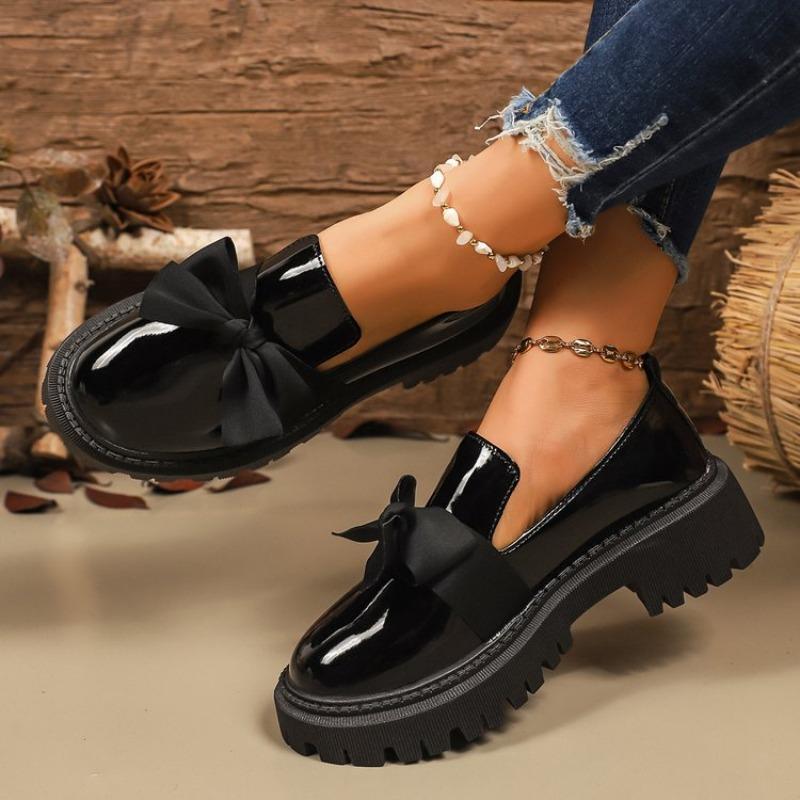Fashion 2025 Spring Bowknot Platform Loafers Women Black Faux Leather Slip On Flats Shoes Woman College Style Thick Sole Dress Shoes