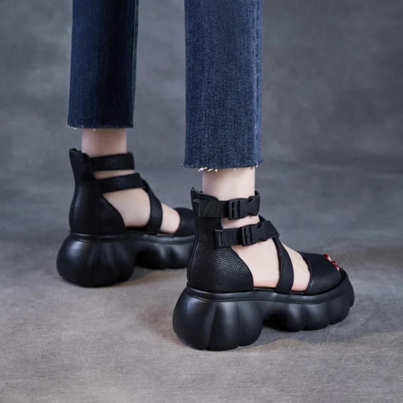 Johnature Roman Peep Toe Thick Soled High Heel Sandals Genuine Leather Buckle Women's Platform Shoes