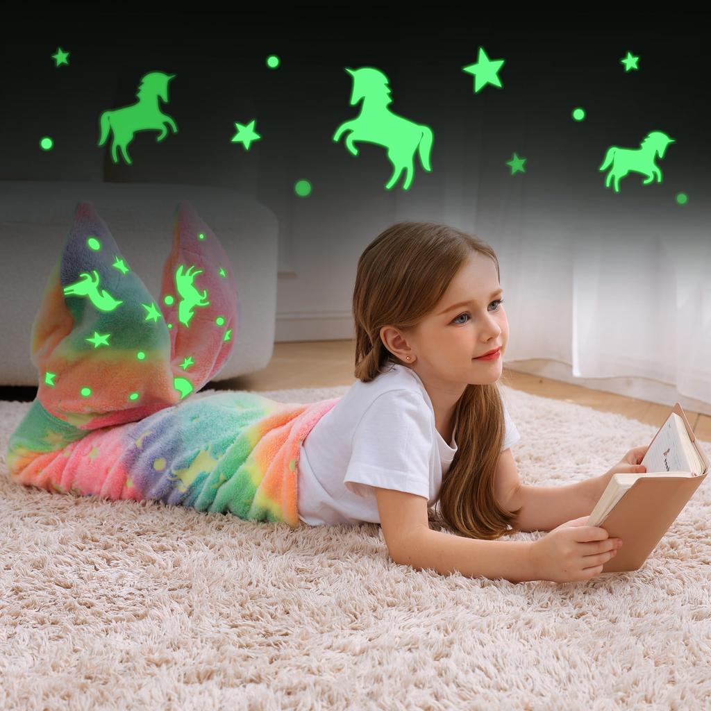 New Night Glow Mermaid Tail Blanket Soft Flannel Wearable Cute Blankets Gifts for Girls All Seasons Beautiful Rainbow Blanket